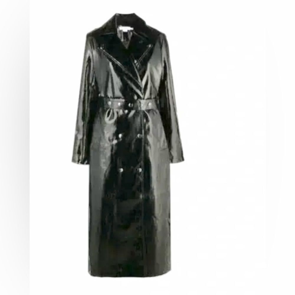 NEW Good American Black Shiny Faux Leather Belted Oversized Trench Coat 00 XS-S